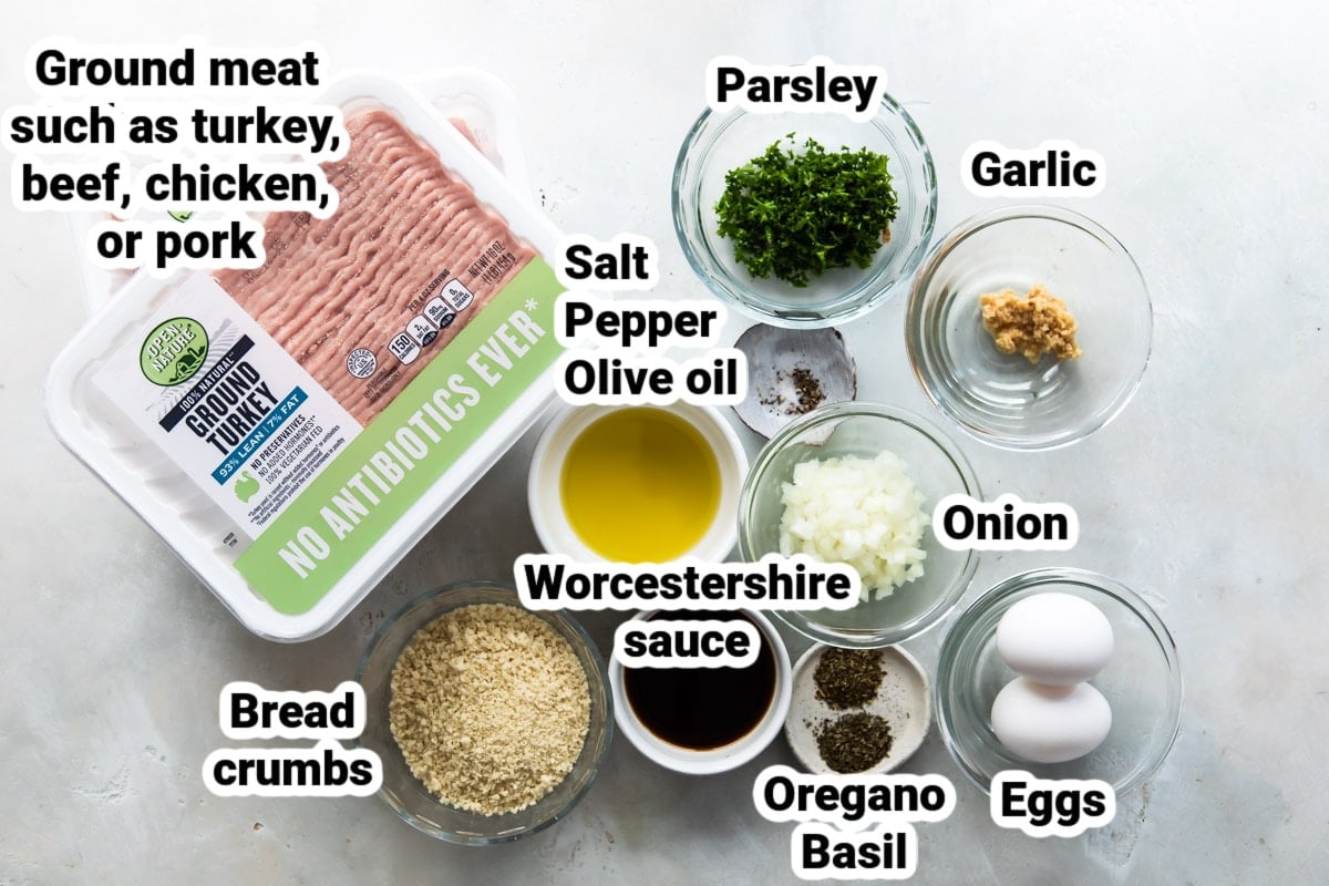 Labeled ingredients for baked meatballs.