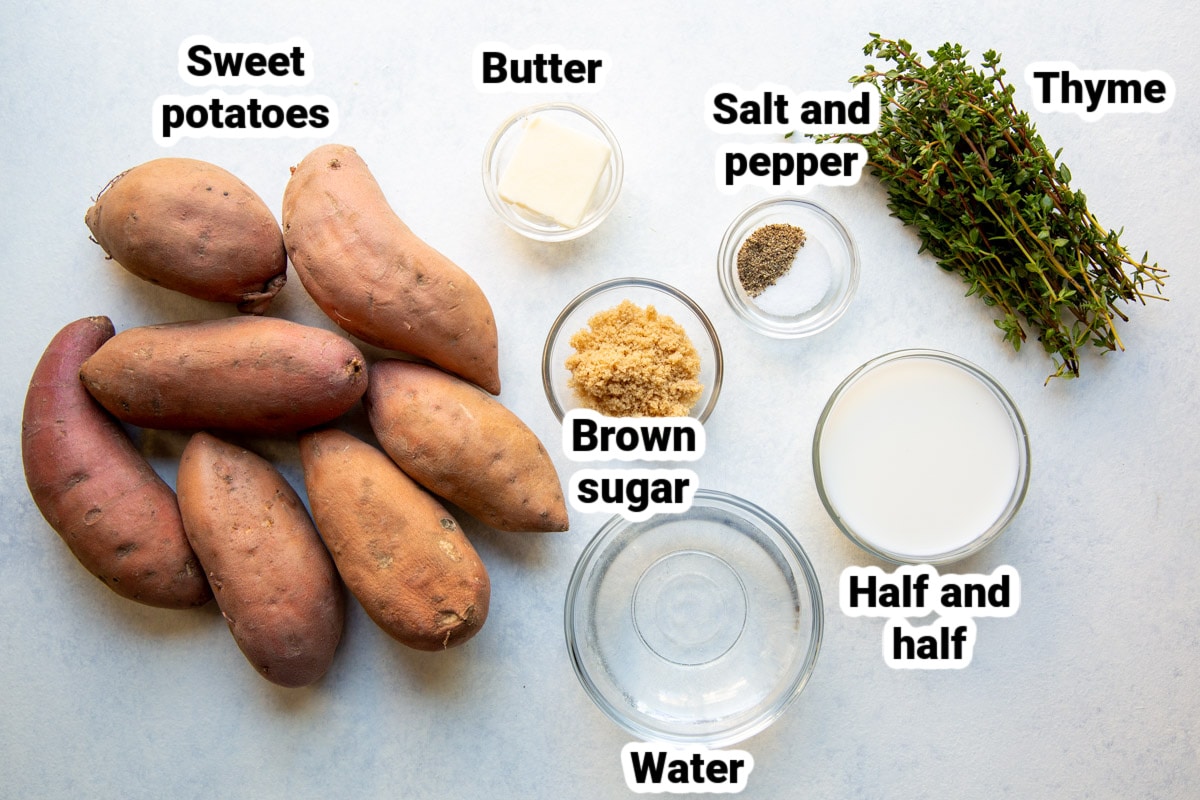 Labeled ingredients for mashed sweet potatoes.