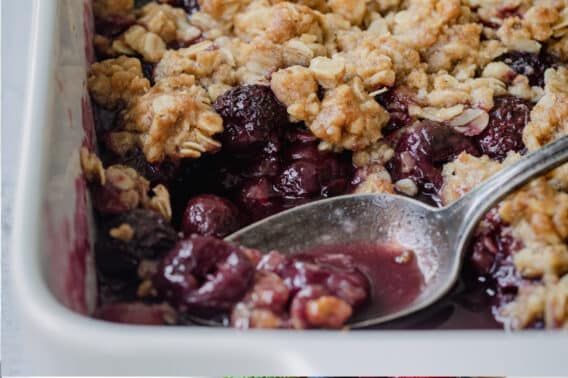 A fully baked Cherry crisp with crunchy topping.