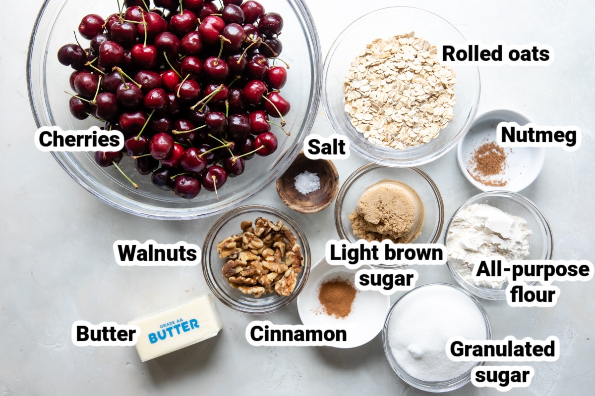 Labeled ingredients for cherry crisp.